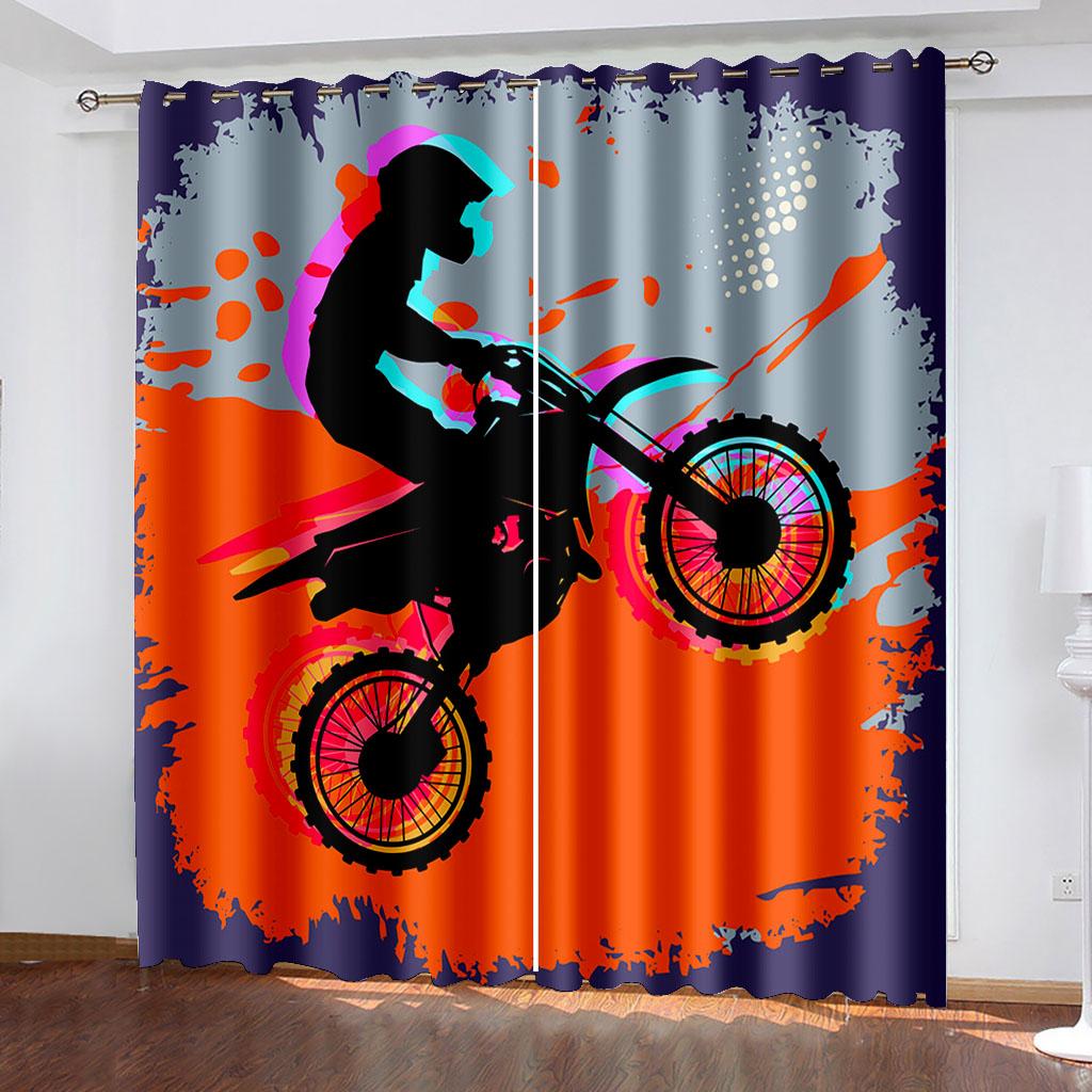 Hand-painted Motorcycle Printing Woven Curtains Two Independent Curtains On The Left and Right Blackout Curtains for Bedrooms