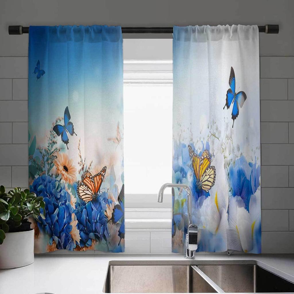 Elegant Butterfly And Floral Print Curtains for Kitchen Living Room Bedroom Decor Vintage Style Window Treatment 2pcs Cortinas