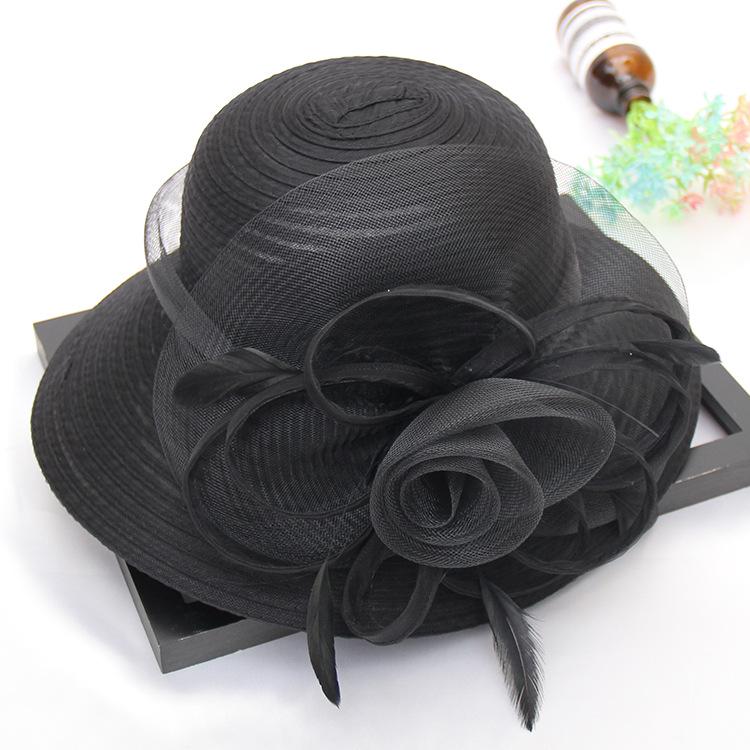 Eugen Top Hat Spring Summer Feather Flower Fashion Wedding Hat Big Brim Dome Beach Sun Hat