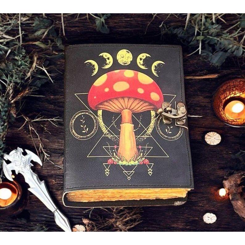 Grimoire Vintage Mushroom leather journal, Handmade Antique Deckle Edge Paper Spell Book of Shadows Journal for gifts