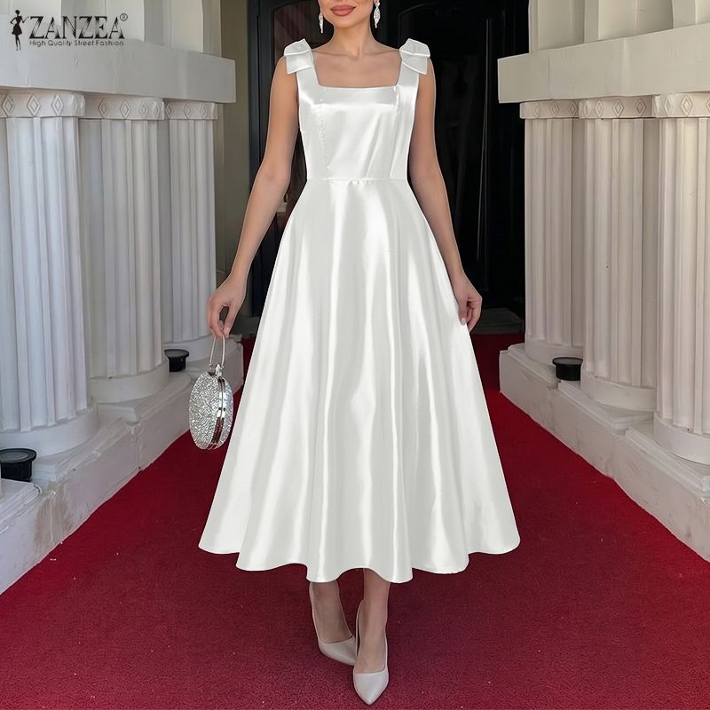 ZANZEA Women Elegant Casual Square Collar Summer Sleeveless Satin Dress