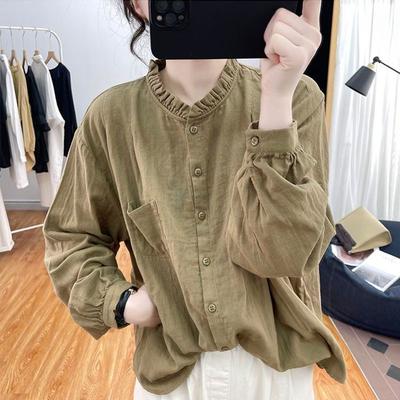 Women's Long Sleeve Cotton Linen Shirt Spring Autumn Solid Color Retro Loose Fashionable Versatile Slimming Base Layer Outerwear