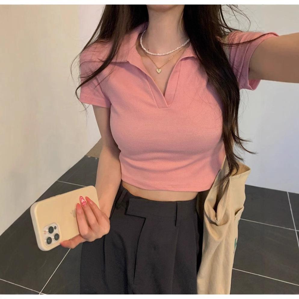 Pure desire style POLO collar front shoulder short-sleeved T-shirt women's summer slim-fit short Spice girl navel-showing thin design top