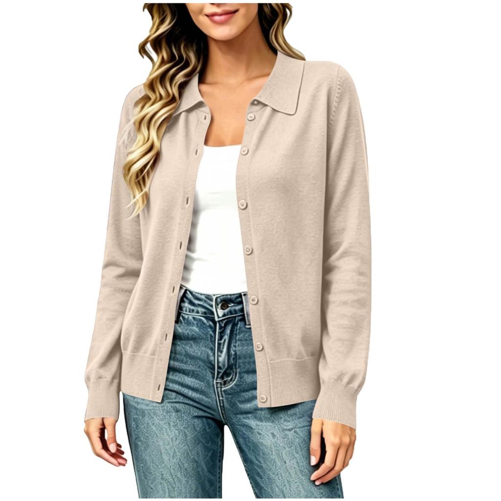 Women Lightweight Button Front Cardigan Sweater Long Sleeve Collared Knit Top Casual Layering Shirt Suitable for Various Outfits
