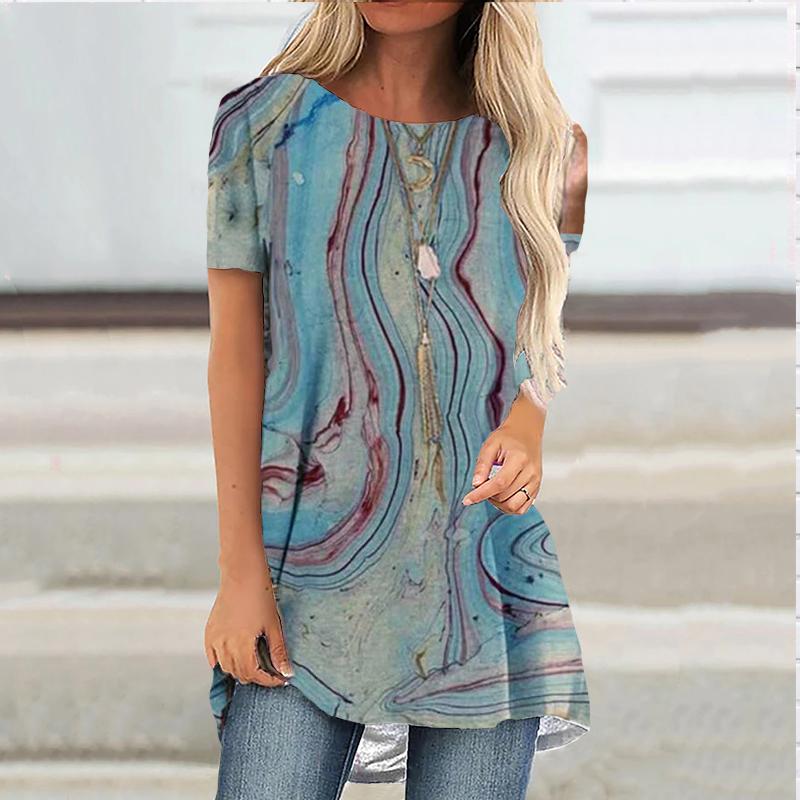 

Женская удобная футболка с короткими рукавами и круглым воротником размера плюс, розовая река, повседневные мешковатые футболки средней длины для женщин 7XL светло-синий