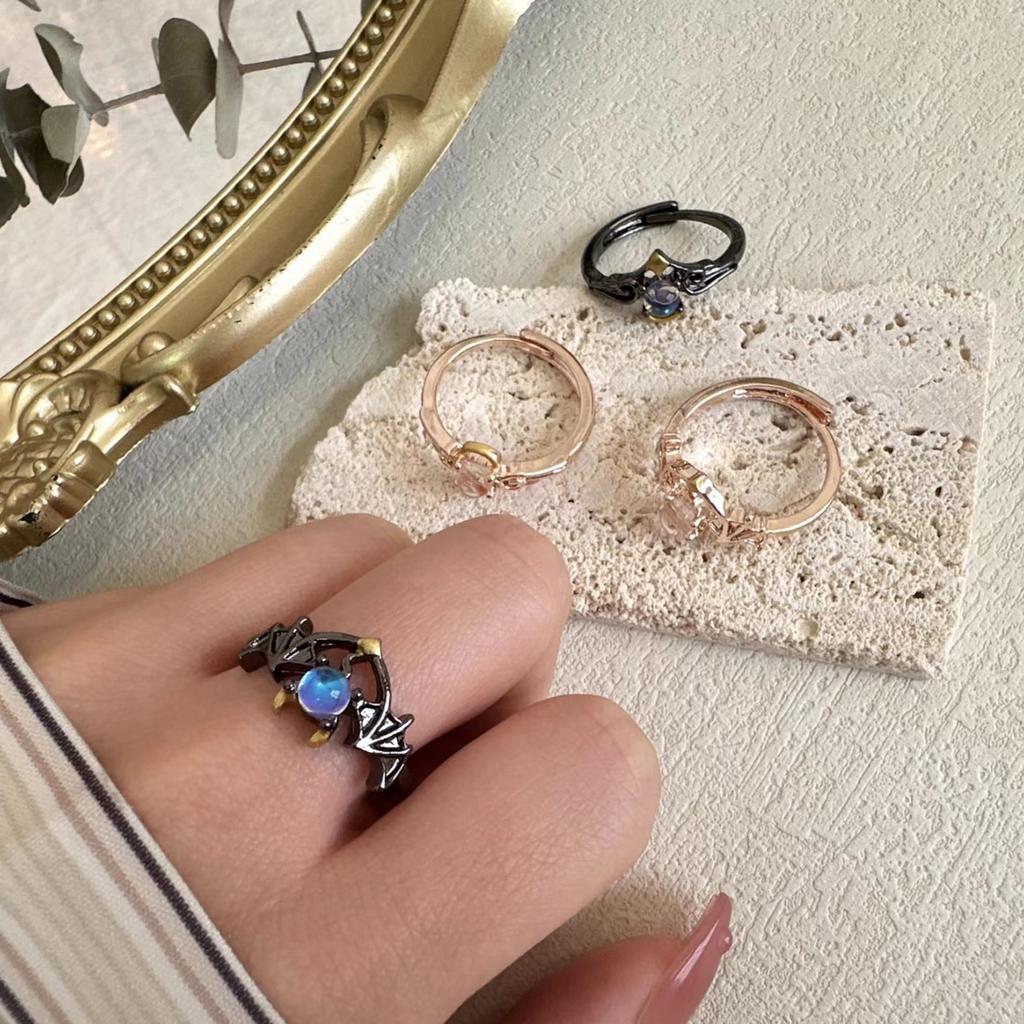 Angel and Demon Wings Couple Ring For Women Rose Gold Colour Black Fashion Moonstone Adjustable Opening Men's Ring Party Jewelry
