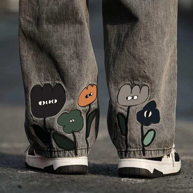 Men's Y2K Flower Printed Baggy Jeans Streetwear American Casual Denim Wide-leg Pants Hombre Vintage Straight Trousers