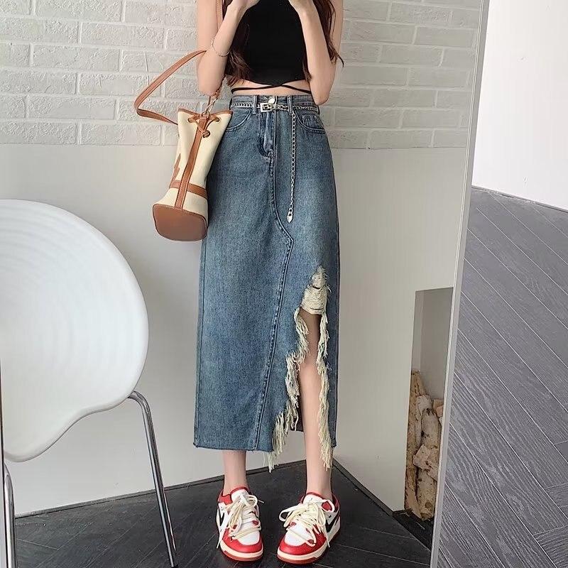 

Qooth Asymmetrical Slit Pencil Denim Skirt Simple Casual A-line Skirt For Spring Summer QT2204 5XL синий
