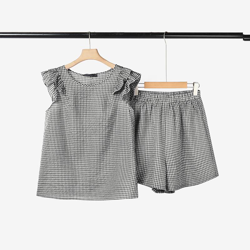 

ZANZEA Women Sleeveless Tank Tops and Shorts Summer Grid Print Two Piece Sets M чёрный