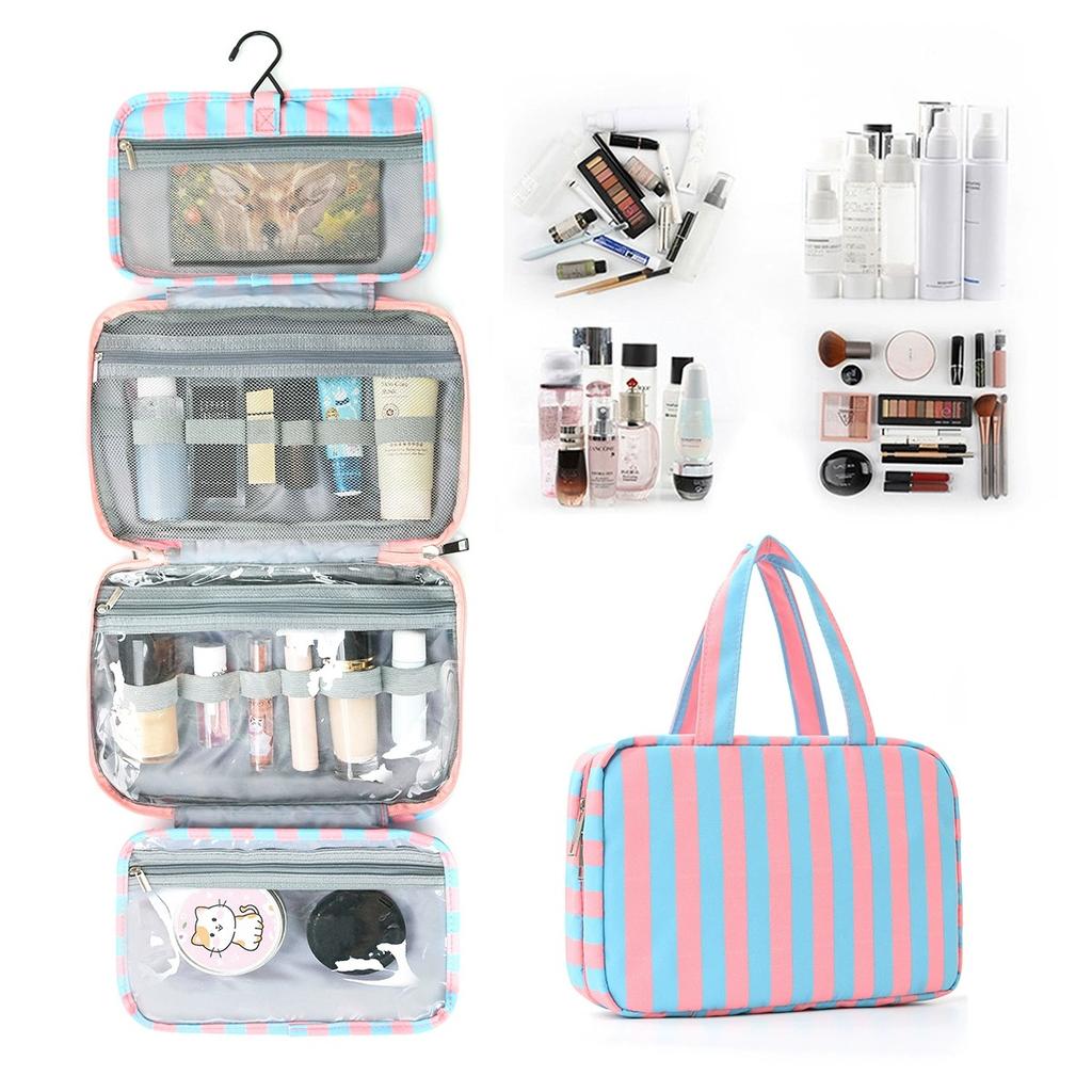 Striped Unisex Toiletry Bag - Large-Capacity Travel Toiletry Bag with Hook, Foldable and Portable for Storing Cosmetics, Gym