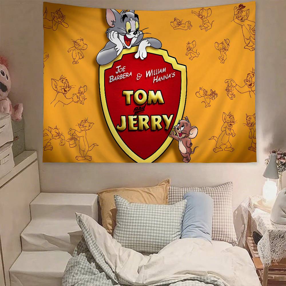 Cute TTom And Jerry Tapestry Wall Hanging Tapestry Art Deco Blanket Curtain Hanging At Home Bedroom Living Room Decor