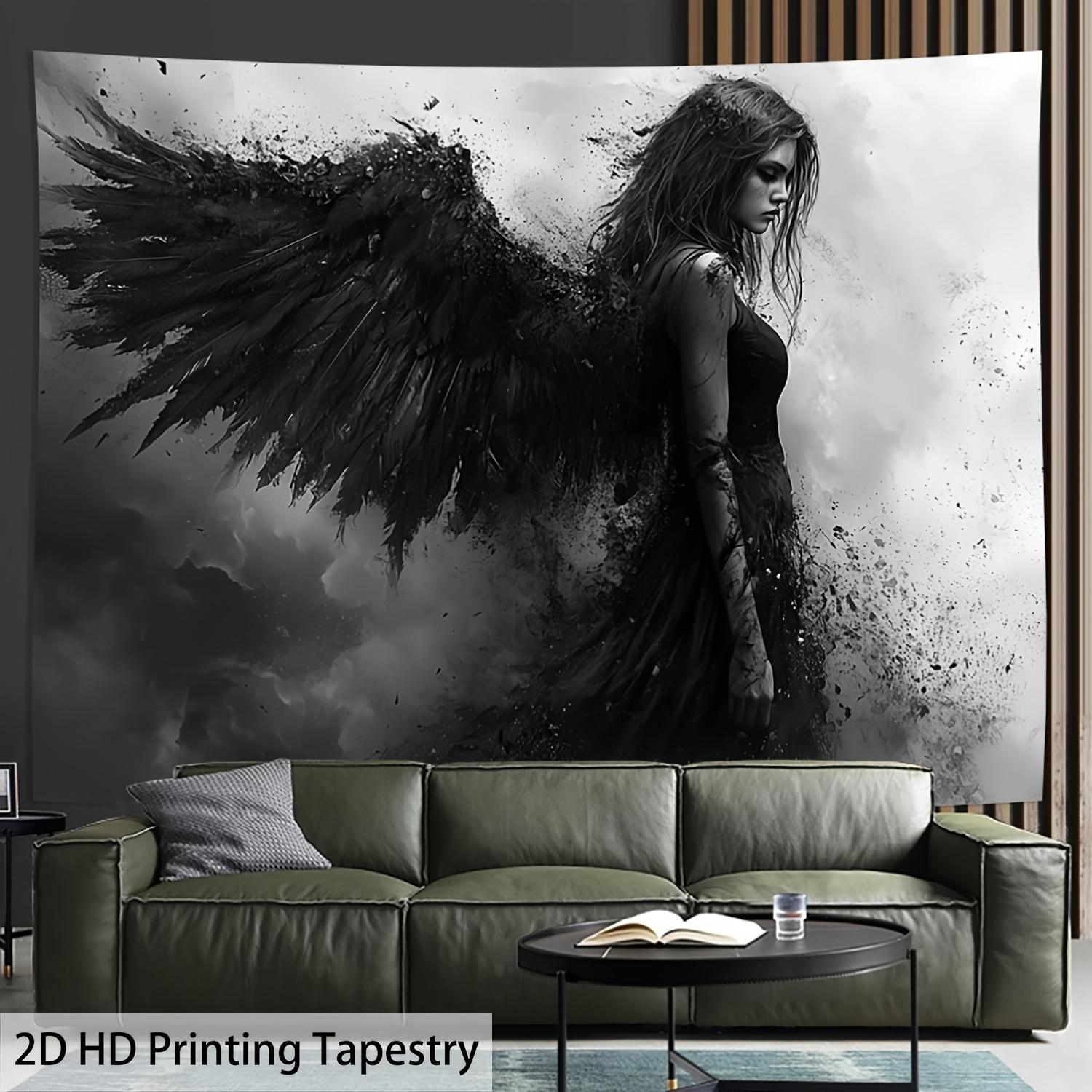 Dark Angel Tapestry, Woman with Black Wings in Monochrome, Gothic Fantasy Wall Hanging for Bedroom Living Room Decor 70x100cm28x39in