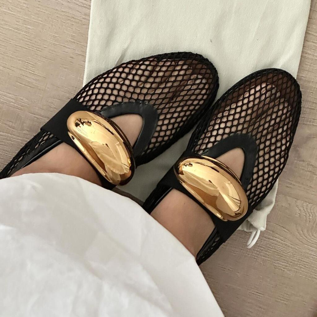 Sheepskin Small Gold Buckle Leather Soft Sole Mesh Sandals Women's Hole Shoes Breathable Hollow Roman Shoes Mary Jane Single Shoes