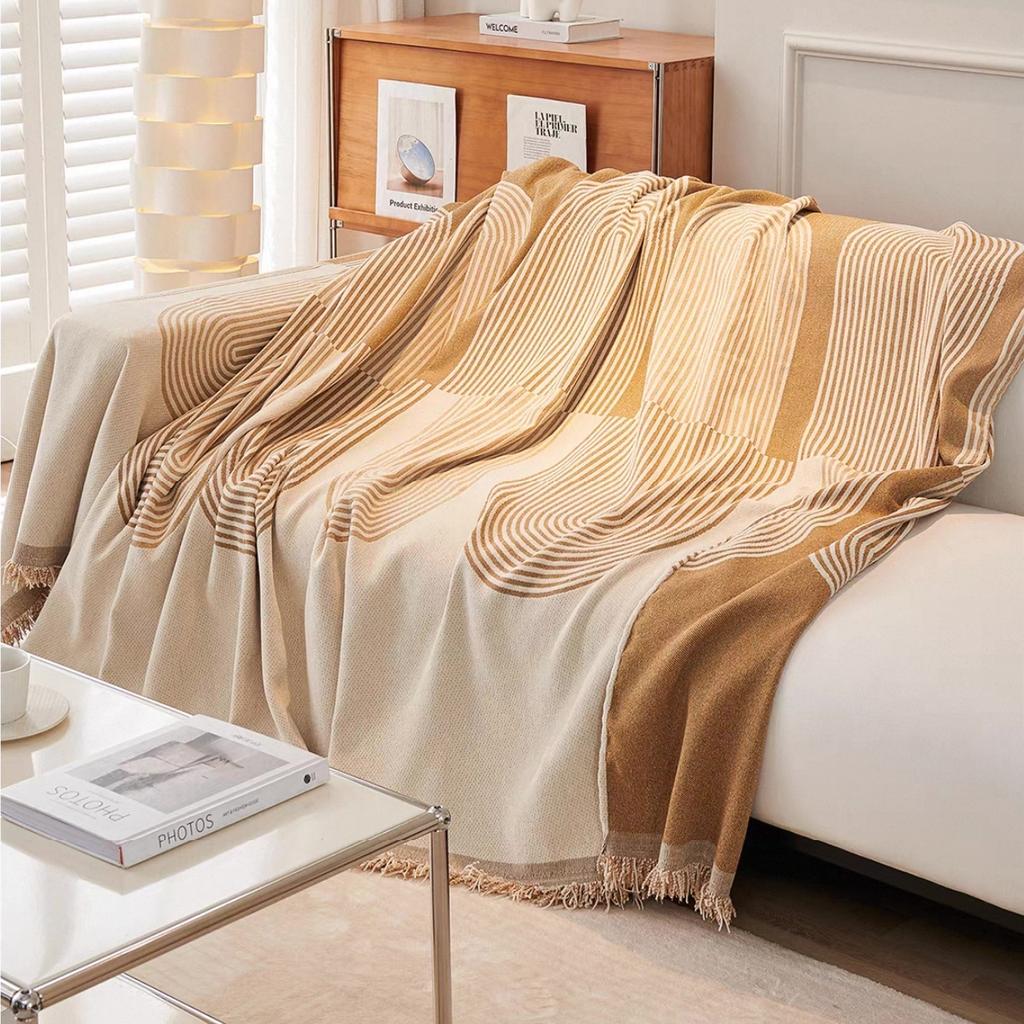 1pc Simplized Geometric Arch Lines Jacquard Sofa Towel with Tassels, Double Sided Thick Multiple Use Sofa Blanket Leisure Towel