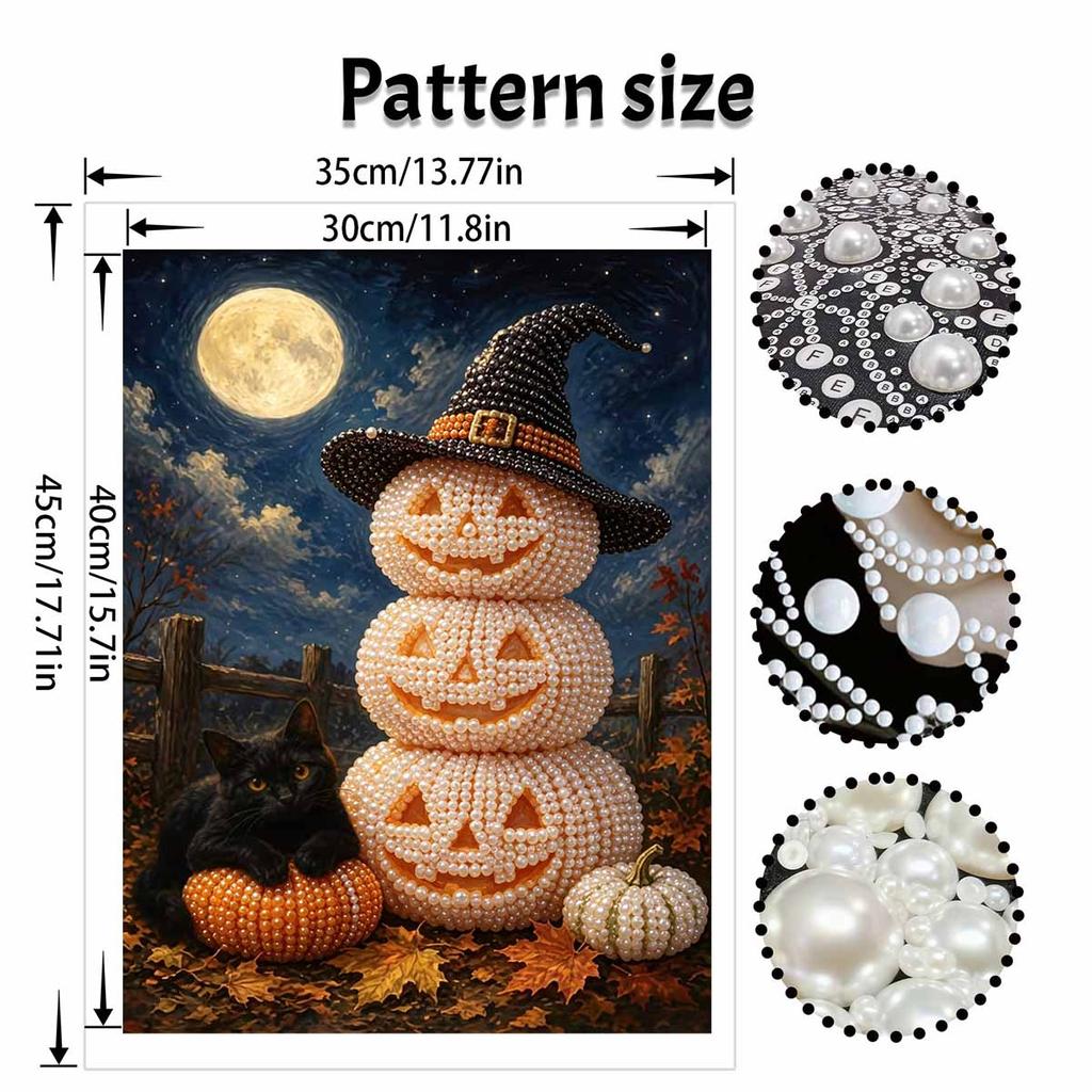 DIY Pearl Bead Art Canvas Witch Pumpkin Cat Pattern Frameless 3D Painting Kit for Bedroom Living Room Home Wall Decor Art