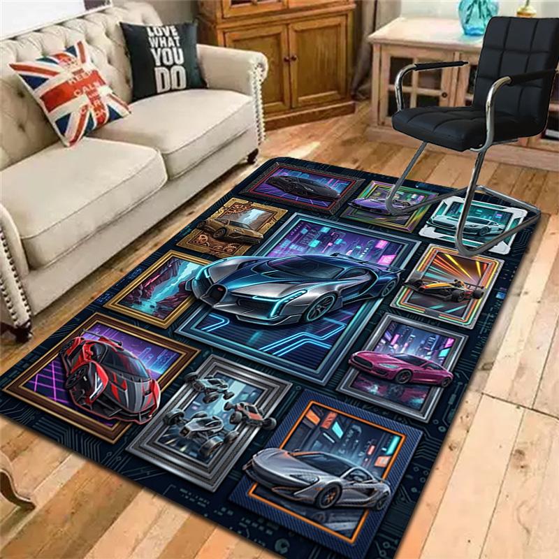 Futuristic Car Gallery Pattern Rug Floor Mat for Living Room or Bedroom Soft and Comfortable Carpet a Gift for Birthday and Holiday.