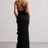 Sexy V Neck Milk Silk Sleeveless Dress With Ruffle Edge And Side Slit For Night Out