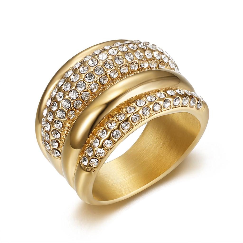 New Hip-Hop Fashion Personality Ring Titanium Steel Gold-Plated Inlaid with Diamonds Multiple Row Diamond Ring
