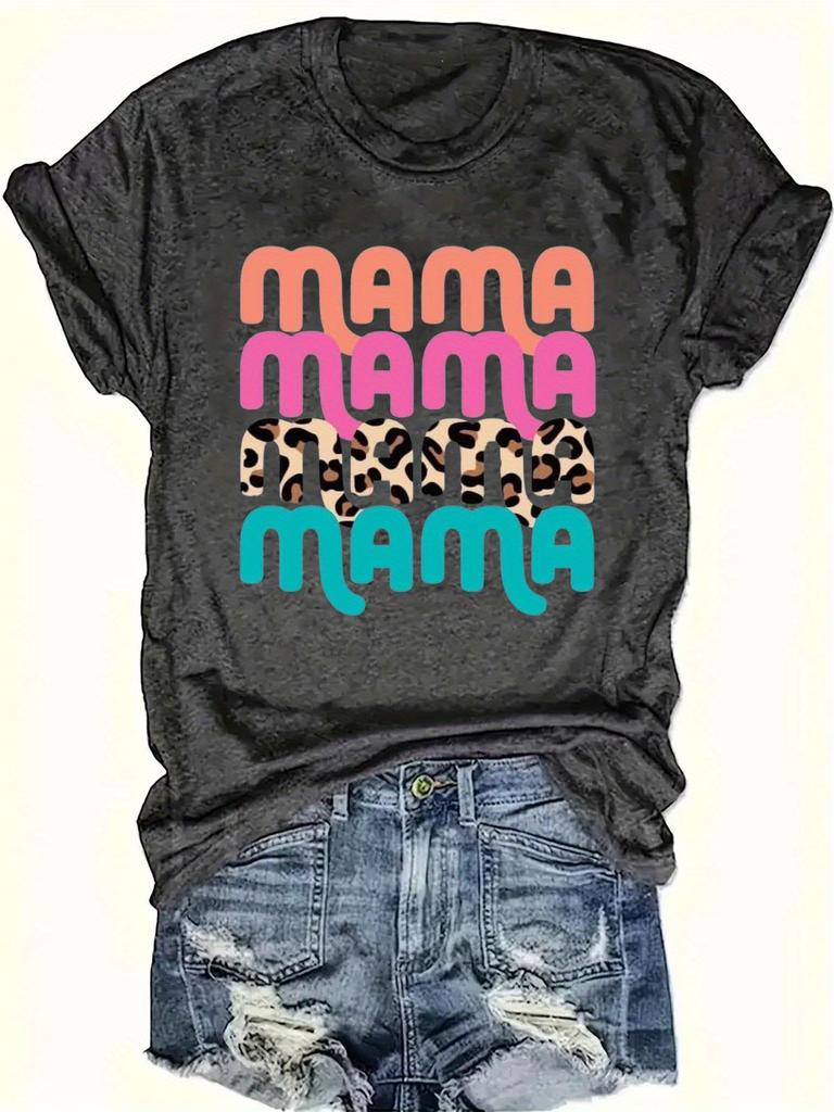 Women's Casual Short Sleeve Crew Neck T-Shirt - Bold "MAMA" Graphic Print with Leopard Accents, Black & Pink Lettering,