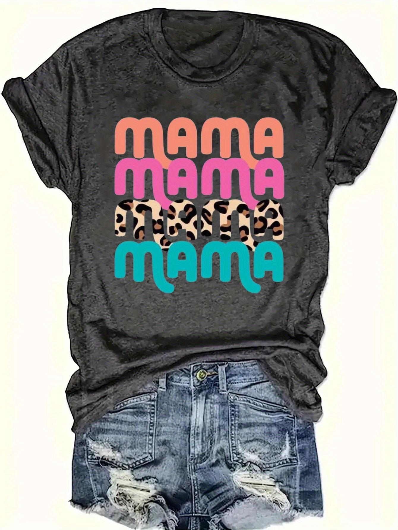 

Women s Casual Short Sleeve Crew Neck T-Shirt - Bold MAMA Graphic Print with Leopard Accents, Black & Pink Lettering, 4XL темно-сірий