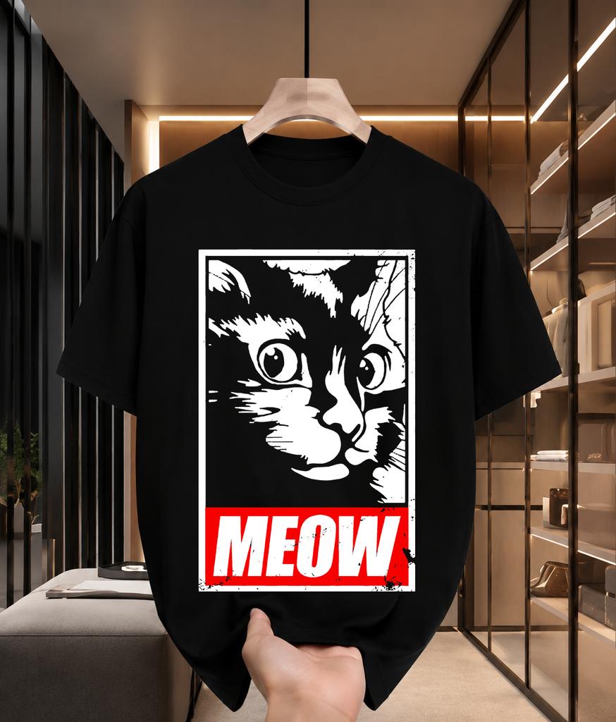 2026 New Arrival Pure Cotton Tshirt Vintage Woodcut Black Cat Meow Letter Print Crew Neck Unisex Top Casual Short Sleeve