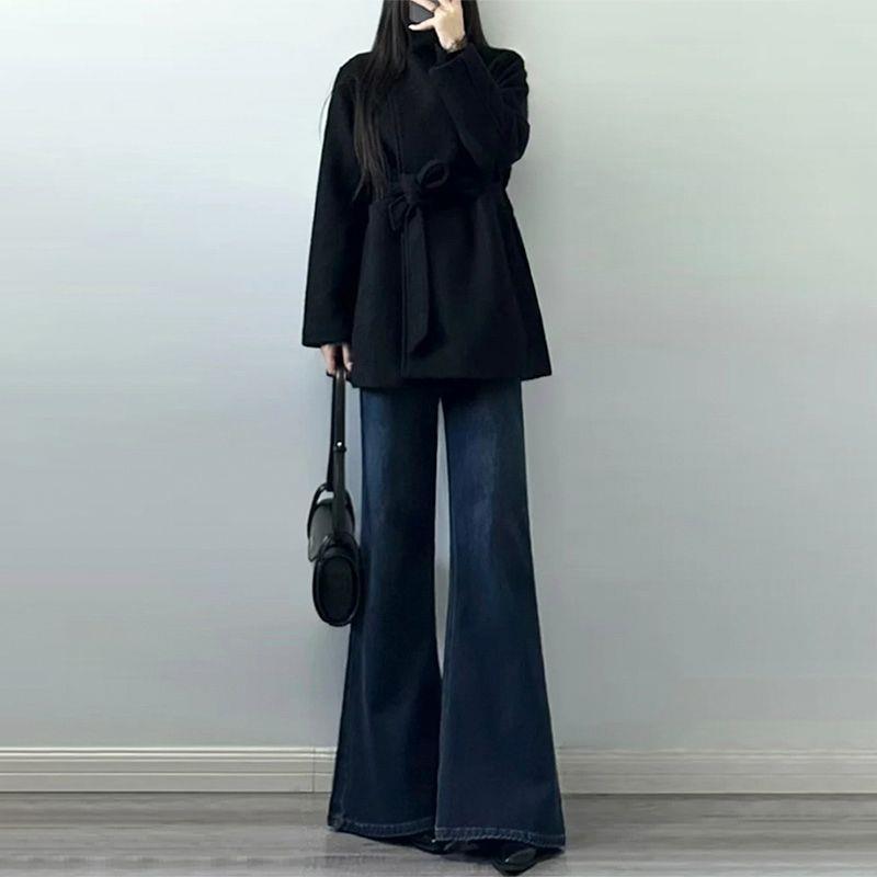 

High-Waisted Elastic Fleece-Lined Flared Jeans for Tall Women - Autumn Style, Thick, Hip-Covering, Comfortable Fit Dark Blue Full Length