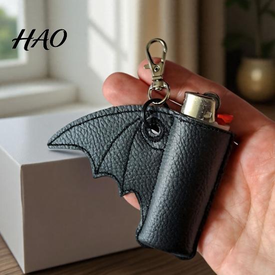 Waterproof Igniter Cover Gothic Bat Case Keychain, Punk Faux Leather Holder, Portable Sleeve Pouch for Backpack Pendant Halloween Keychain