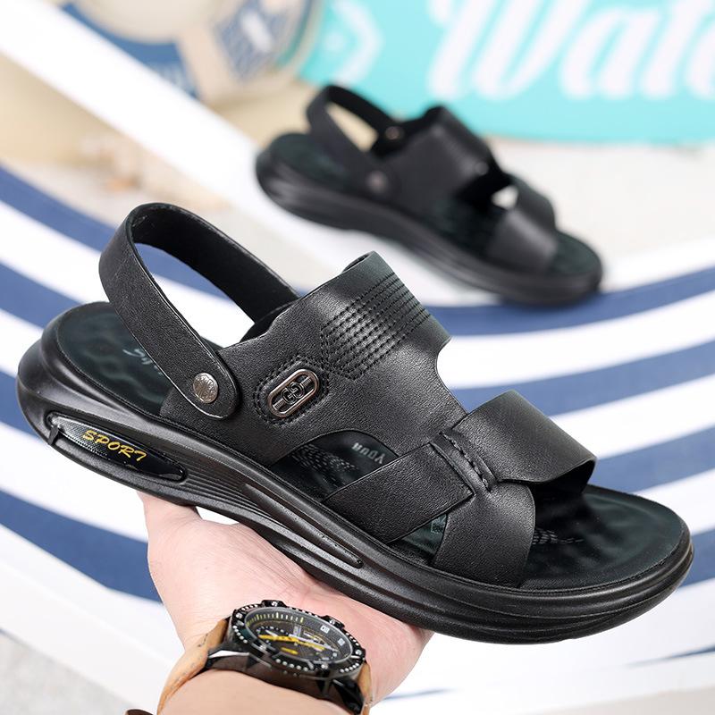Summer New First-layer Cowhide Men's Casual Beach Shoes Middle-aged and Elderly Leather Slippers Open-toed Dad Sandals 2025