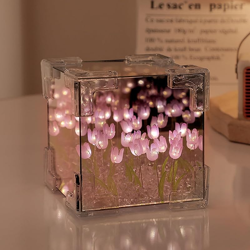 Keeda Finished Cube Tulip Mirror Lamp LED Handmade Simulated Tulip Table Lamp DIY Creative Magic Cube Mirror Night Light Tulip Lamp for Valentines
