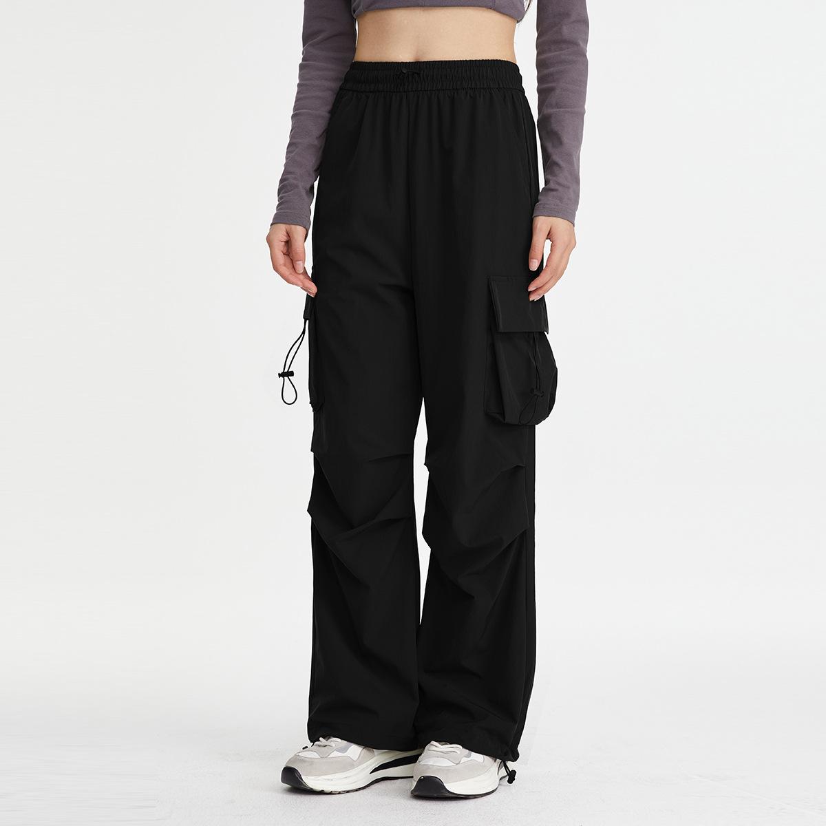 

American parachute overalls high waist and thin straight wide legs casual summer mountaineering quick-drying thin trousers S чёрный