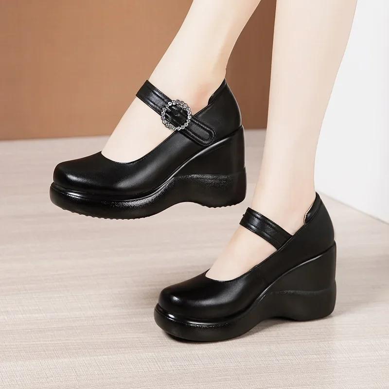 8cm Small Size 32-43 Elegant Soft Leather Mary Janes Platform Wedges Shoes 2025 Fall High Heels Pumps for Office Mom Work Dance