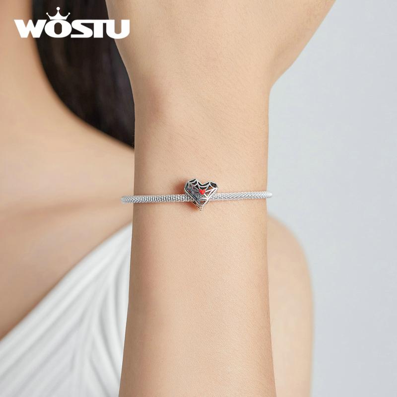WOSTU Retro Spider Web Pattern Hollow Heart 925 Sterling Silver Charm Beads Fit Bracelet Bangle Fine Jewelry