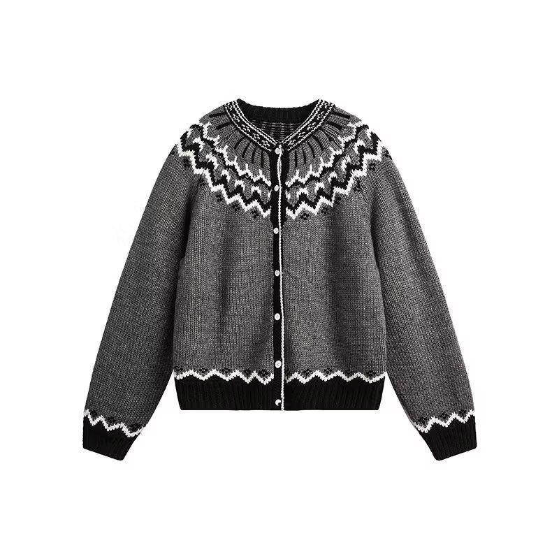 

Винтажный вязаный кардиган с вставками, мужская одежда, круглый вырез, осень-зима, однобортный, с узором «Фэр-айл», свитера с длинным рукавом L серый