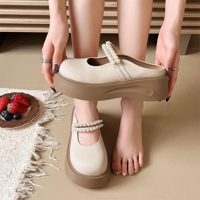 Mary Jane bag head half slippers women's wear 2025 new summer platform pearl half tray French with skirt sandals