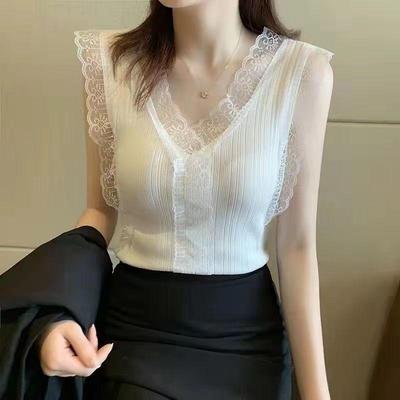 Ripp-Camisole-Weste mit Spitzenbesatz - Ärmellos, Elastische Frühjahrs-/Sommerkleidung für Damen