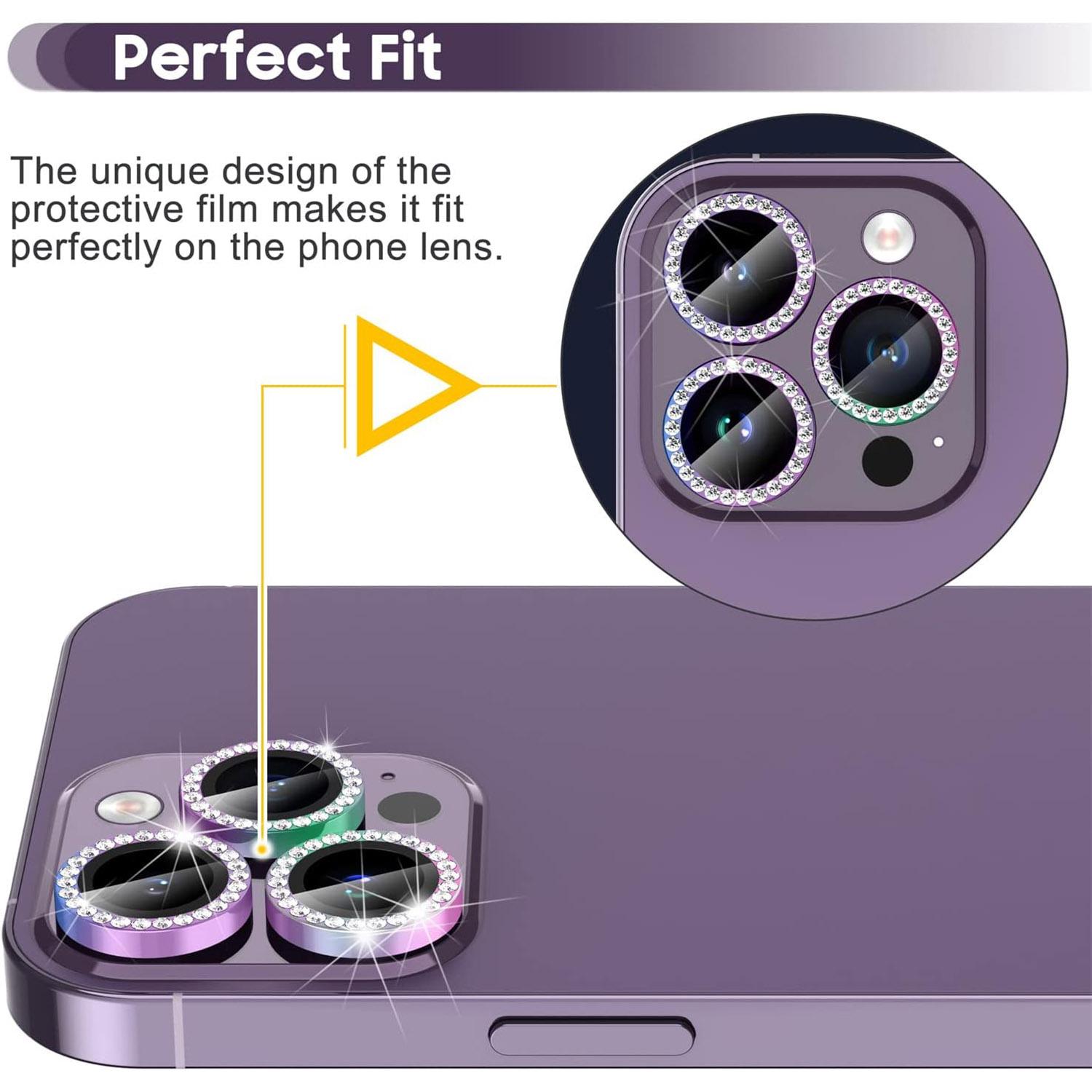 

For iPhone 14 Pro/14 Pro Max 1 Set Camera Lens Protector Tempered Glass Colorful Rhinestone Metal Ring Lens Film Type A