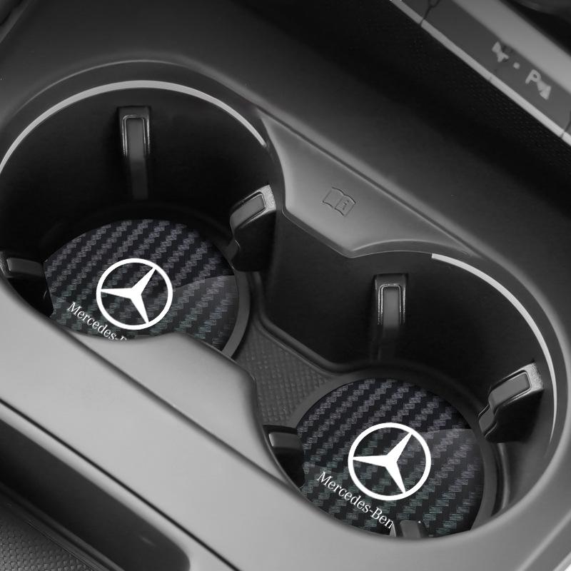 CRW1 Carbon Fiber Car Cup Coasters Anti-Slip Waterproof Dustproof Cup Mat For Mercedes Benz C E S Class GLC GLB GLE GLS E300L sticker