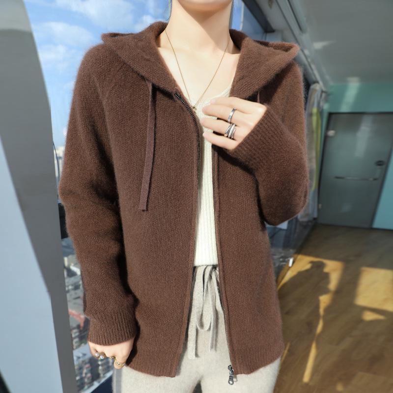 Women's Hooded Wool Knit Cardigan - Autumn & Winter Loose Fit Zipper Sweater Fashion Jacket