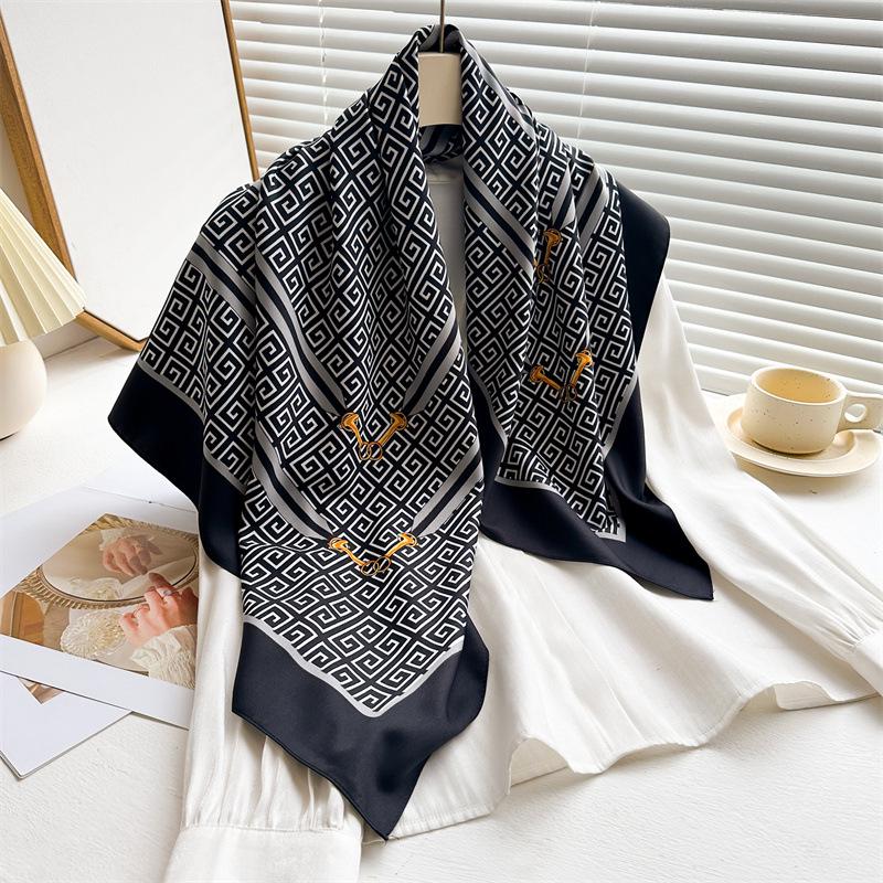 Women's Retro Twill Silk Scarf - 90cm Versatile Shawl for Travel & Sun Protection