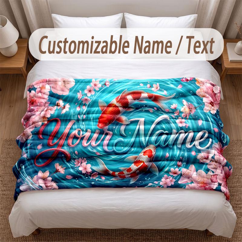 Koi Fish Theme Soft Blanket Personalized Custom Name Text Print Warm Blanket Home Sofa Bedroom Decor