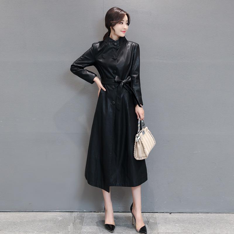 

Новое осеннее кожаное пальто, женская удлиненная кожаная ветровка с воротником-стойкой, облегающее женское корейское кожаное пальто 5XL