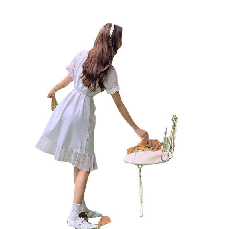 Gentle Dress for Women In Summer Japanese Soft Girl Sweet Bow Round Neck Mesh Short Sleeve White Midi Skirt