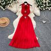 Vestidos Midi de Verão com Decote em V, Ombro a Ombro, Sem Alças, de Renda, para Mulheres, Sexy, com Gola Halter, Costas Abertas, Botões Decorativos, Ajustados, para Férias na Praia
