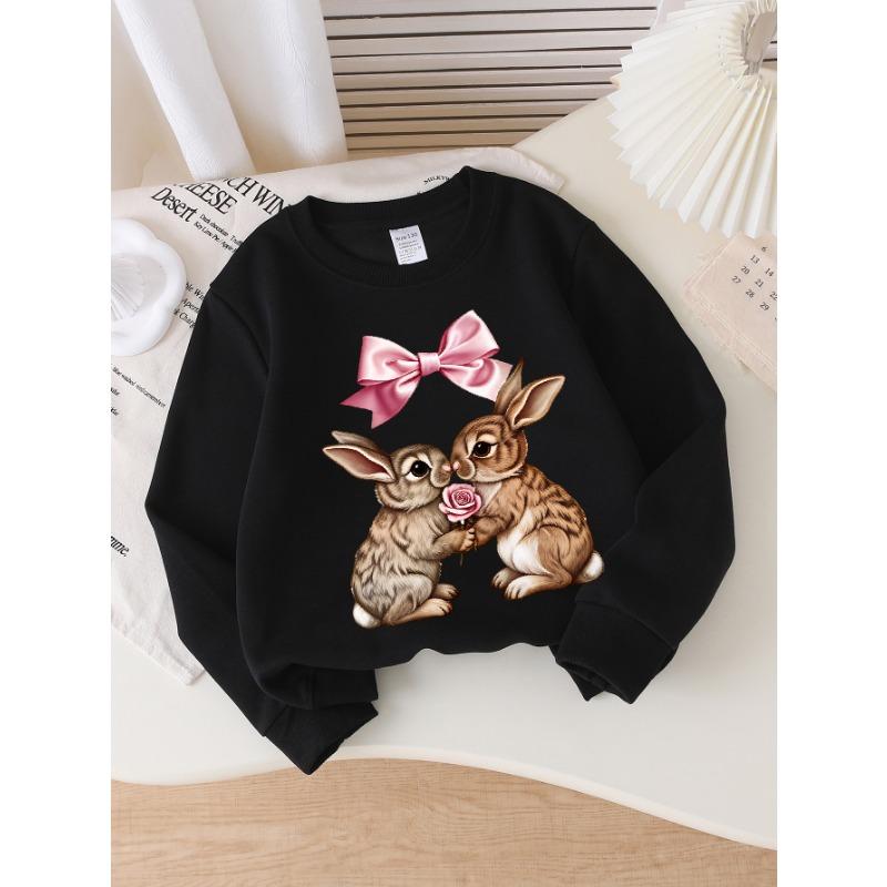 European sizes Girls Crew Neck Sweatshirt Love Rabbits with Rose And Bow, Soft Cozy Pullover, Warm Casual for Autumn & Winter.