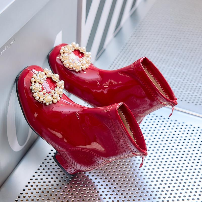 Girls Martin boots 2025 new autumn and winter red leather boots velvet baby boots little girl princess children's short boots