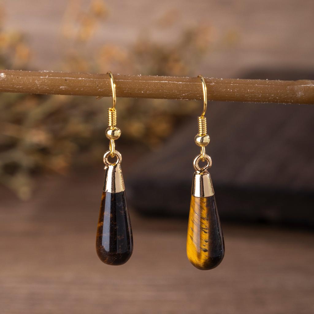1pair Natural Stone Earring Amethyst Tiger Eye Charms Long Water Drop Dangle Earrings Jewelry for Women