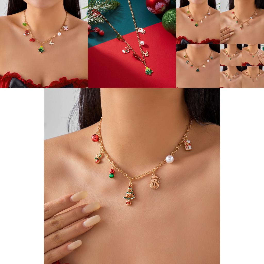 Santa Claus Charm Necklace With Pearl Chain And Festive Elements For Seasonal Gift