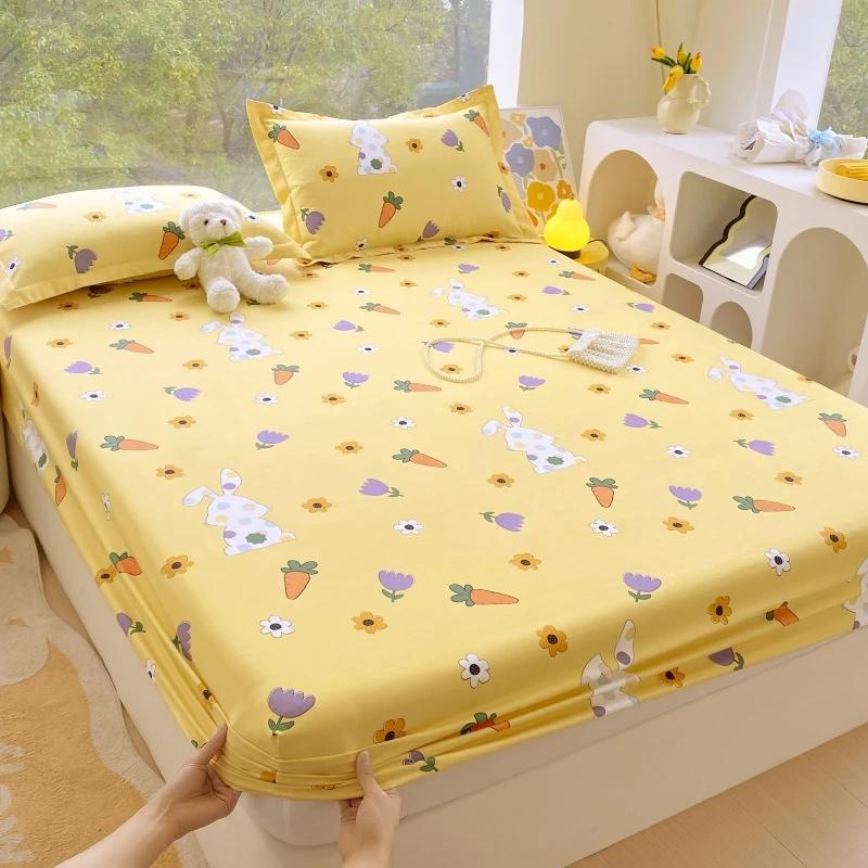 Cartoon Style Rabbit Fitted Sheet Set Skin-friendly Breathable Non-slip Bed Cover with 2 Pillowcases Bedding Set for Boys Girls