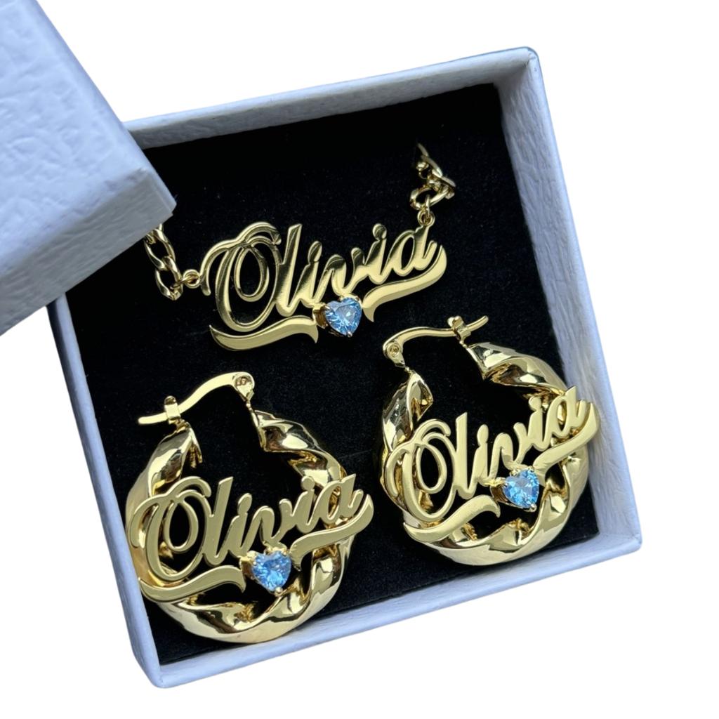 QIUHAN ODM 30mm Bamboo Earrings Nameplate Birthstone Necklace 3pcs Custom Name Jewelry Set
