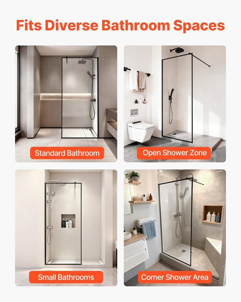 Fixed Glass Shower Panel, 864 x 1870 mm Full-Framed Fixed Shower Screen, 8 mm Thick Clear Tempered Glass Door with Bottom Seal Strip and Hardware,